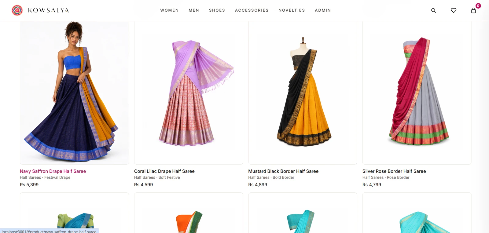 Kowsalya half-saree catalogue with four product cards
