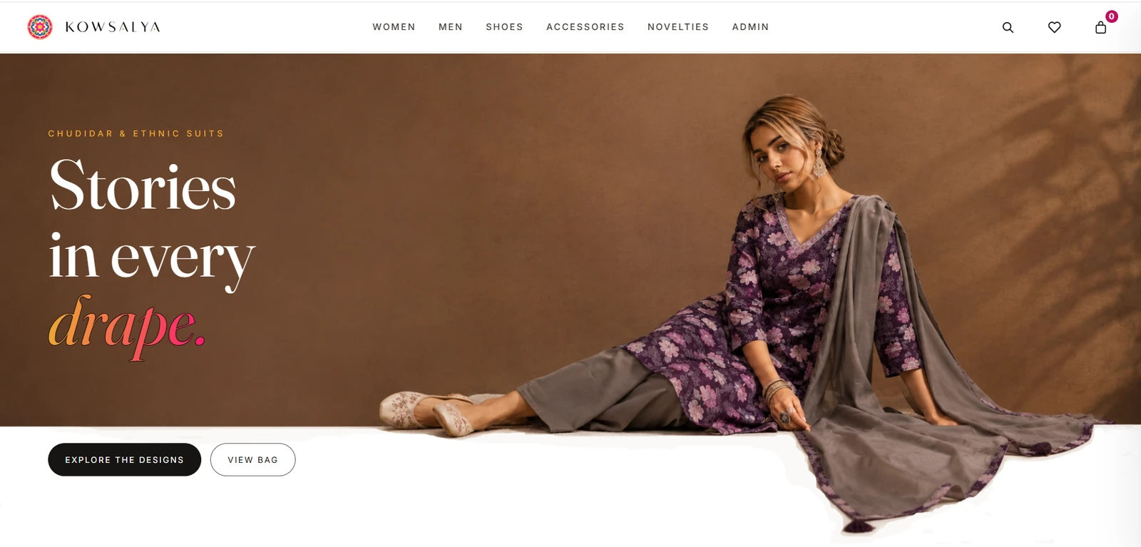 Kowsalya purple ethnicwear campaign with seated model