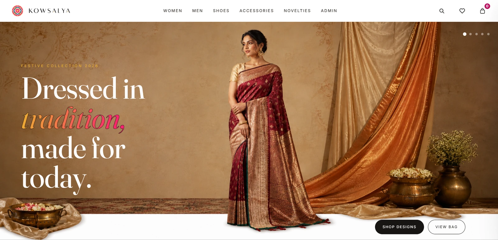 Kowsalya festive saree storefront with maroon silk saree campaign