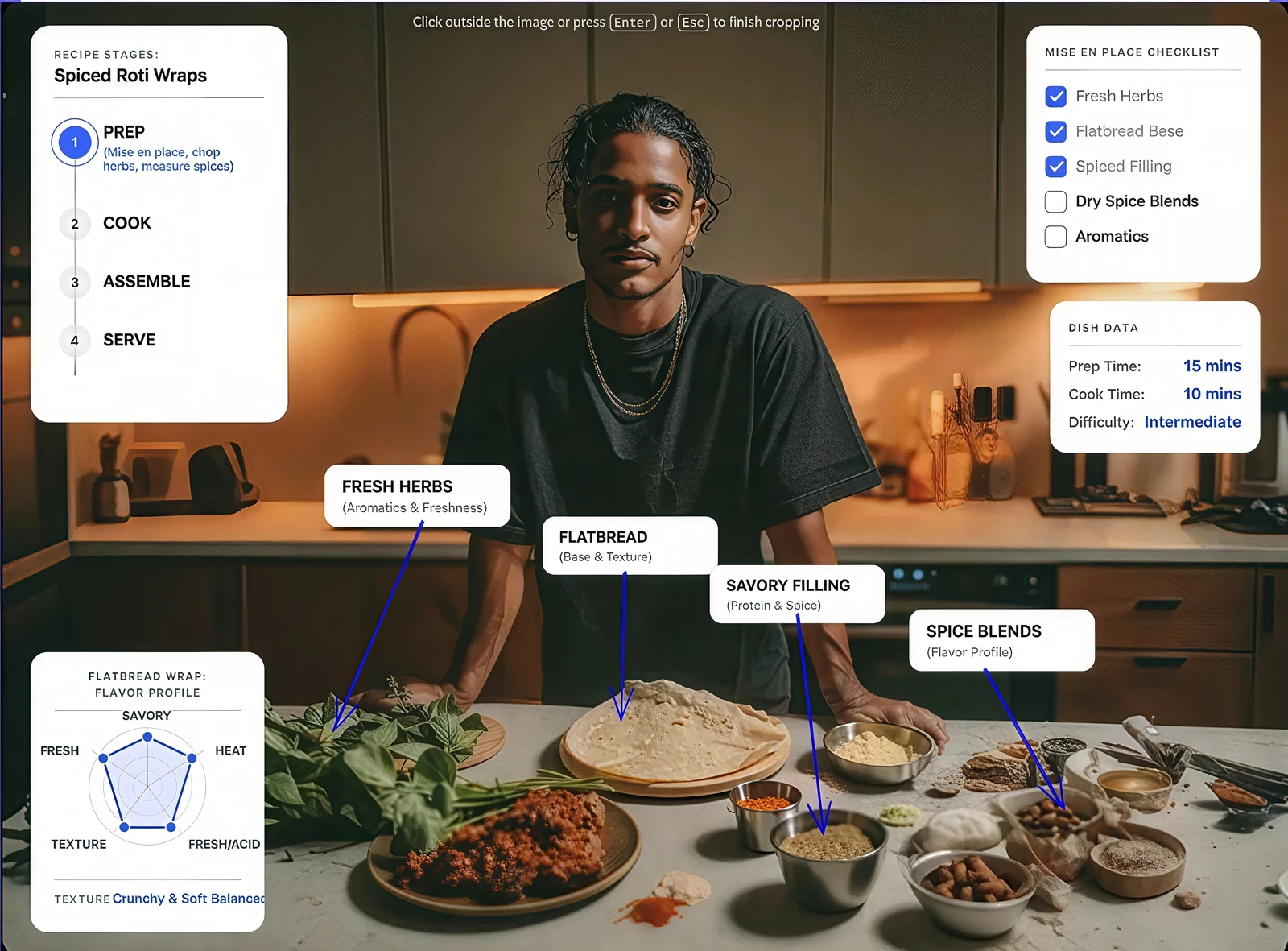 Visual recipe demonstration with ingredient annotations and cooking stages