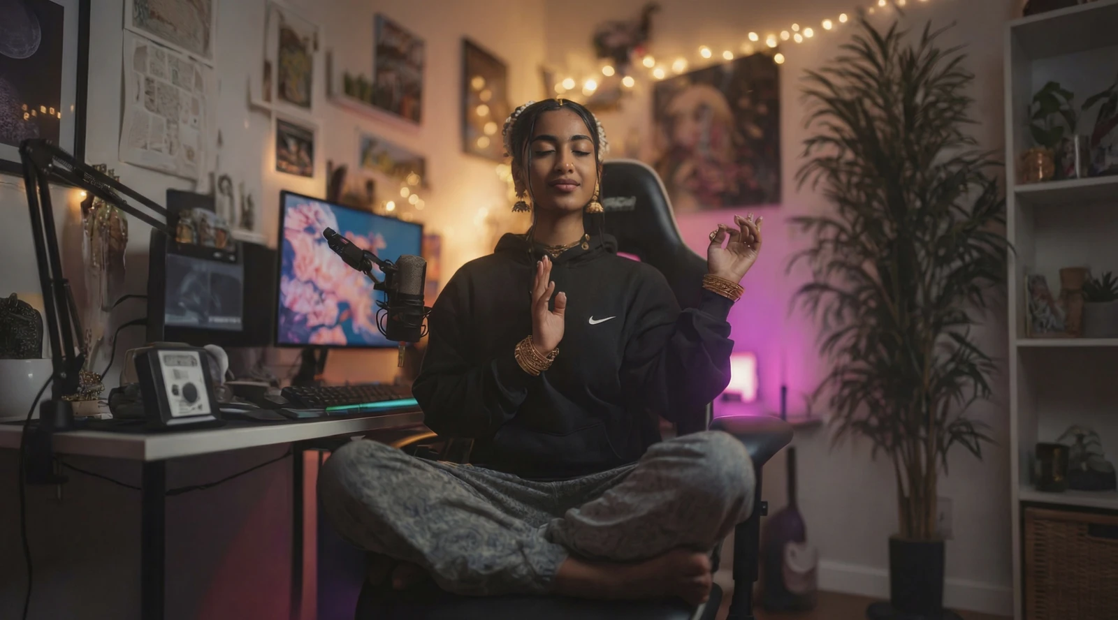 A creator demonstrating a Bharatanatyam gesture at her desk