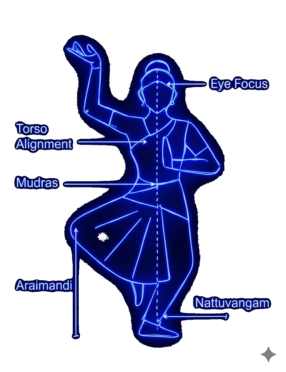 Dance diagram identifying eye focus, torso alignment, mudras and araimandi